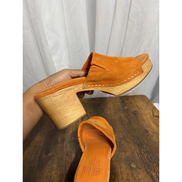 Charlotte Stone Kayla Orange Suede Wood Platform Clogs Women's 8 Sandals - Picture 16 of 16